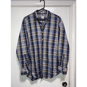 Peter Millar Shirt Mens Medium Plaid‎ Blue Brown Button Down